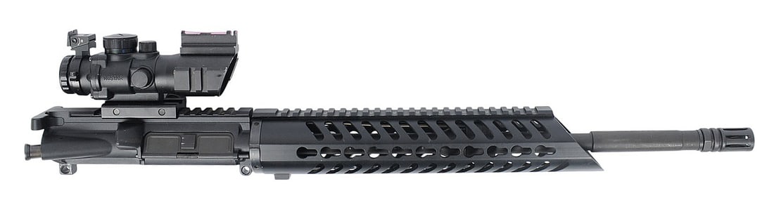5.56x45mm 1:9 Twist AR15 Upper (TST): A 5.56x45mm 1:9 Twist AR15 Upper with a NC Star ACOG in very good condition with Key mod Rail. The bore is bright and defined with no major wear. Barrel measures 16" overall.