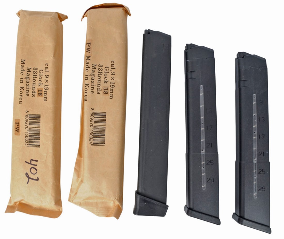 Glock 18 9mm 33Rd Magazine Lot of 5 (JGD): A Glock 18 9mm 33Rd Magazine Lot of 5 in good to very good condition.