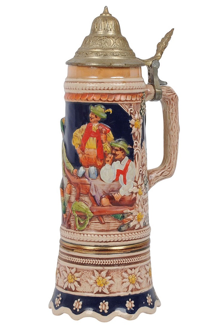German Pewter 1 Liter Beer Stein and Music Box Commemorative for Painter David Bryan Cole (EDN): A German Pewter 1 Liter Beer Stein and Music Box Commemorative for Painter David Bryan Cole in good to very good condition. The music box appears to function properly with a Memorandum talking about t