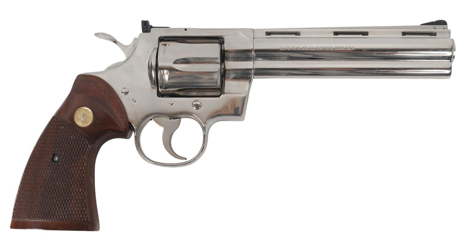 Colt Factory Nickel Python 357 Magnum Double Action Revolver FFL VA6942 (A2R1): A Colt Factory Nickel Python 357 Magnum Double Action Revolver in good to very good condition with a bright and defined bore. The action appears to function properly with minor wear to the original fi