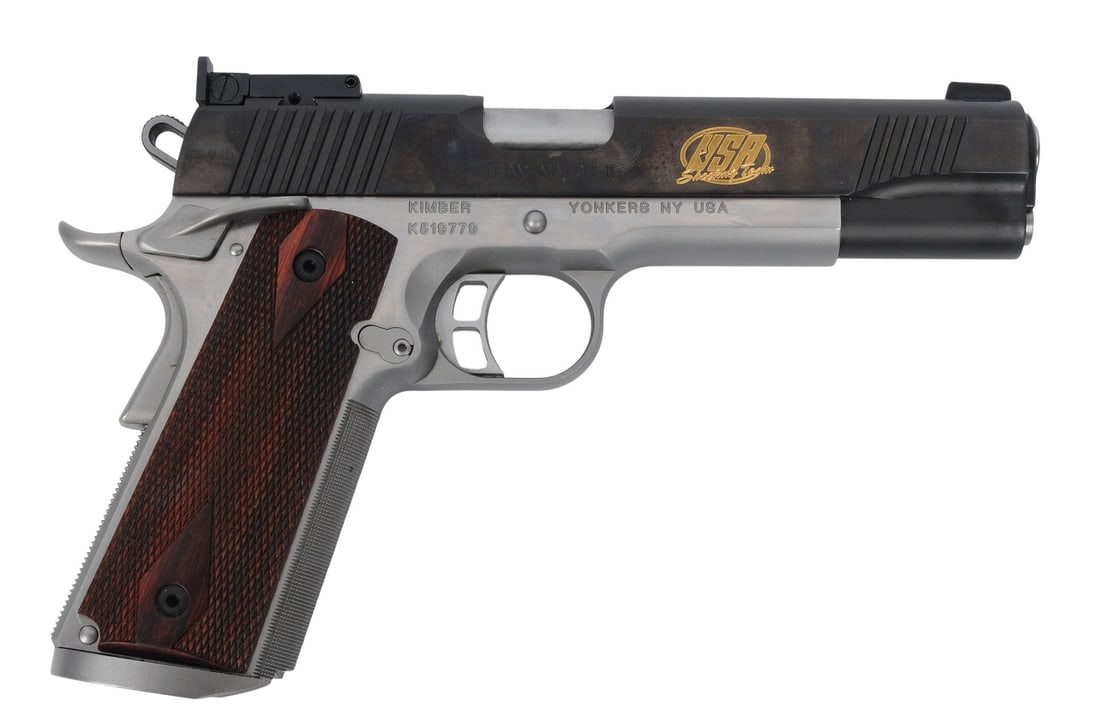 Kimber Team Match II "USA Shooting Team" 45 ACP Semi Auto Pistol FFL K519779(A2R1): A Kimber Team Match II "USA Shooting Team" 45 ACP Semi Auto Pistol in good to very good condition with a bright and defined bore. The action appears to function properly with minor wear to the origina