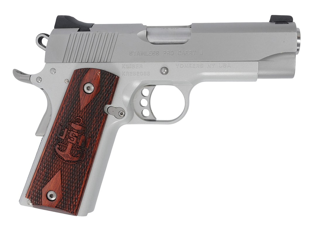 Kimber Stainless Pro Carry II 45 ACP Semi Auto Pistol FFL KR262088 (A2R1): A Kimber Stainless Pro Carry II 45 ACP Semi Auto Pistol in good to very good condition with a bright and defined bore. The action appears to function properly with minor wear to the original finish
