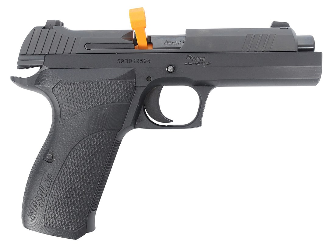Sig P210 9mm Semi Auto Pistol FFL 59B022594(FIS1): A Sig P210 9mm Semi Auto Pistol in good to very good condition with a bright and defined bore. The action appears to function properly with minor wear to the original finish. The pistol sports a hard