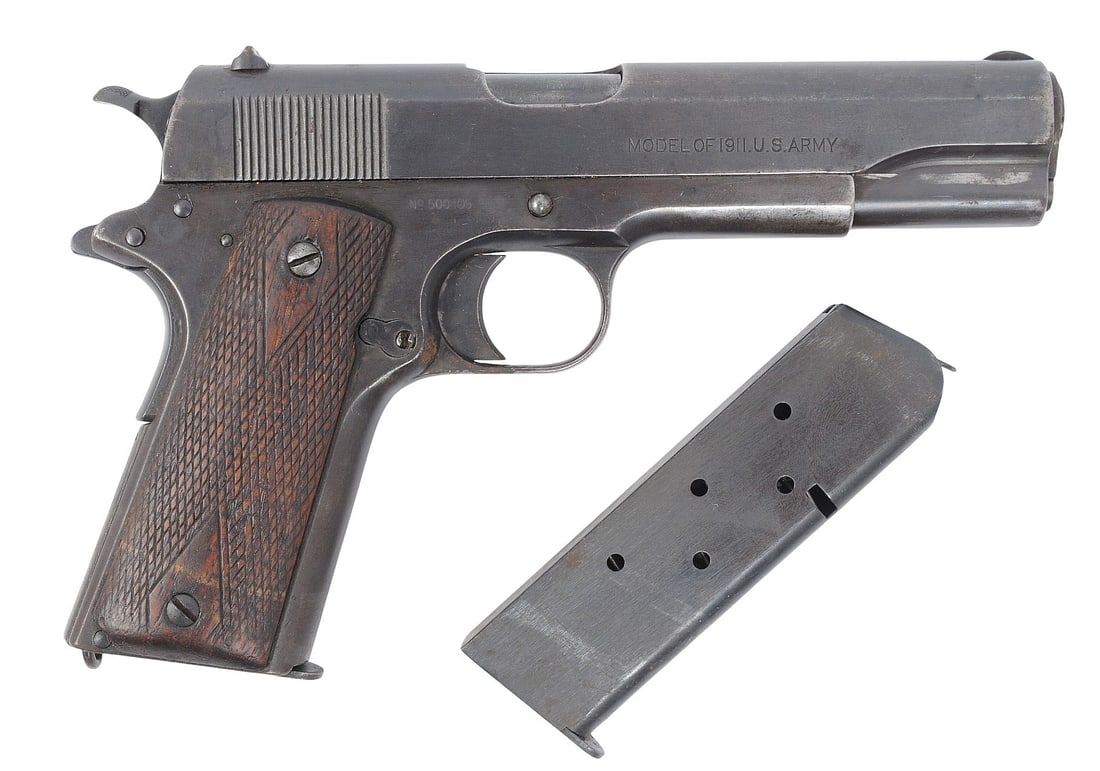 1918 Colt M1911 .45ACP Semi-auto Pistol FFL Required: 500405 (R3M1): A 1918 Colt M1911 .45ACP Semi-auto Pistol that is in good condition with a bright and defined bore. The action appears to function properly, and the finish shows standard service wear with minor scrat
