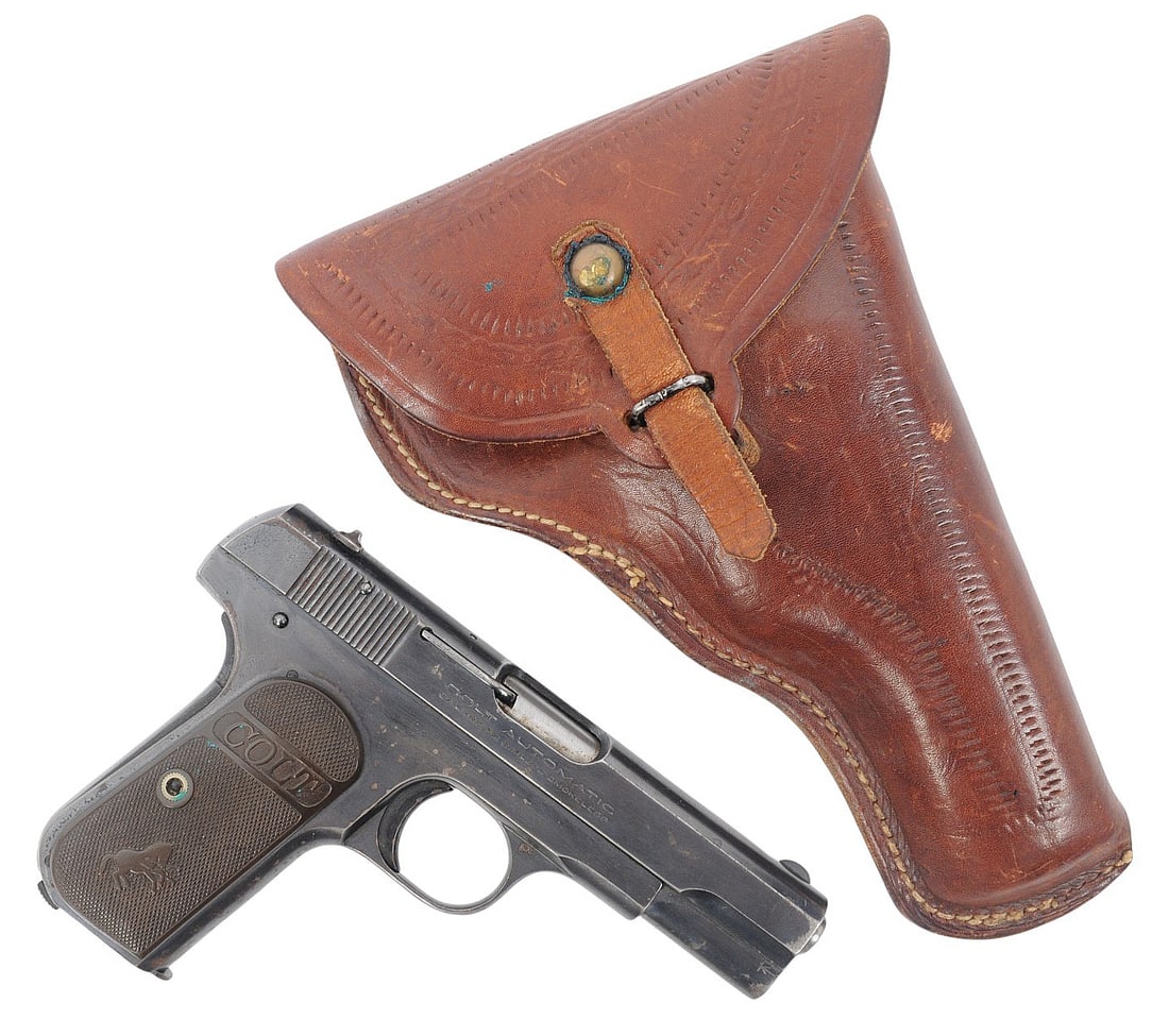 Colt Model 1903 32 ACP Semi Auto Pistol FFL 380449 (R3M1): A Colt Model 1903 32 ACP Semi Auto Pistol in good condition with a bright and defined bore that needs light cleaning. The action appears to function properly with some wear to the original blue