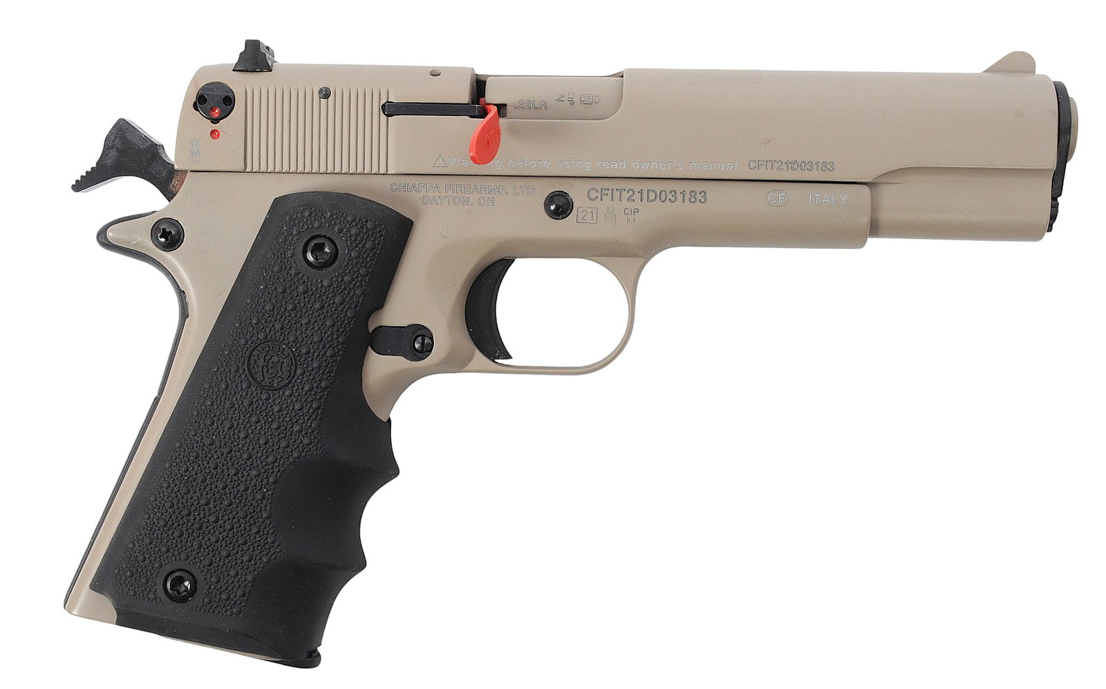 Chiappa Model 1911-22 .22LR Semi-auto Pistol FFL Required: CFIT21D03183 (J4F1): A Chiappa Model 1911-22 .22LR Semi-auto Pistol that is in good to very good condition with a bright and defined bore. The action appears to function properly, and the finish shows shooting wear with