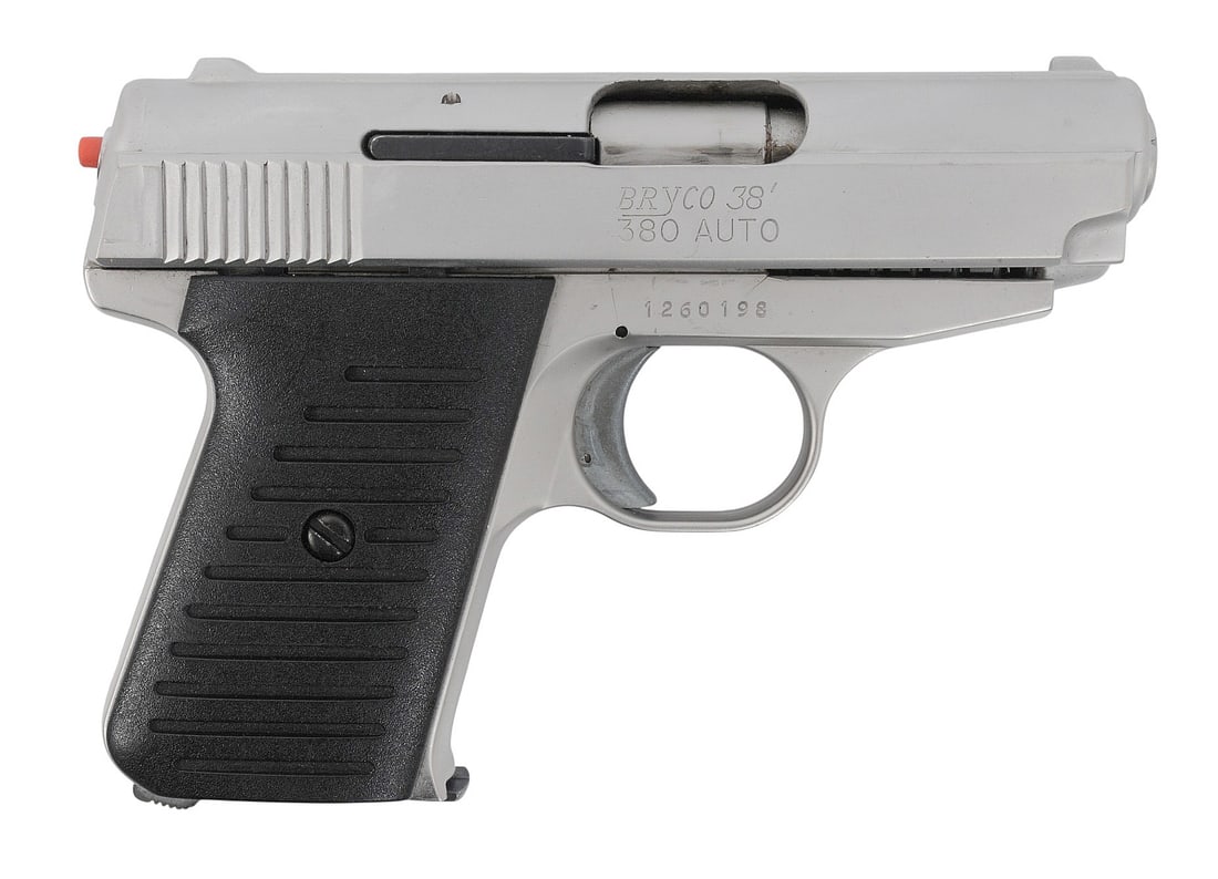 Bryco Arms Model 38 380 ACP Semi Auto Pistol FFL 1260198 (A1): A Bryco Arms Model 38 380 ACP Semi Auto Pistol in good to very good condition with a bright and defined bore that needs light cleaning. The action appears to function properly with minor wear to the