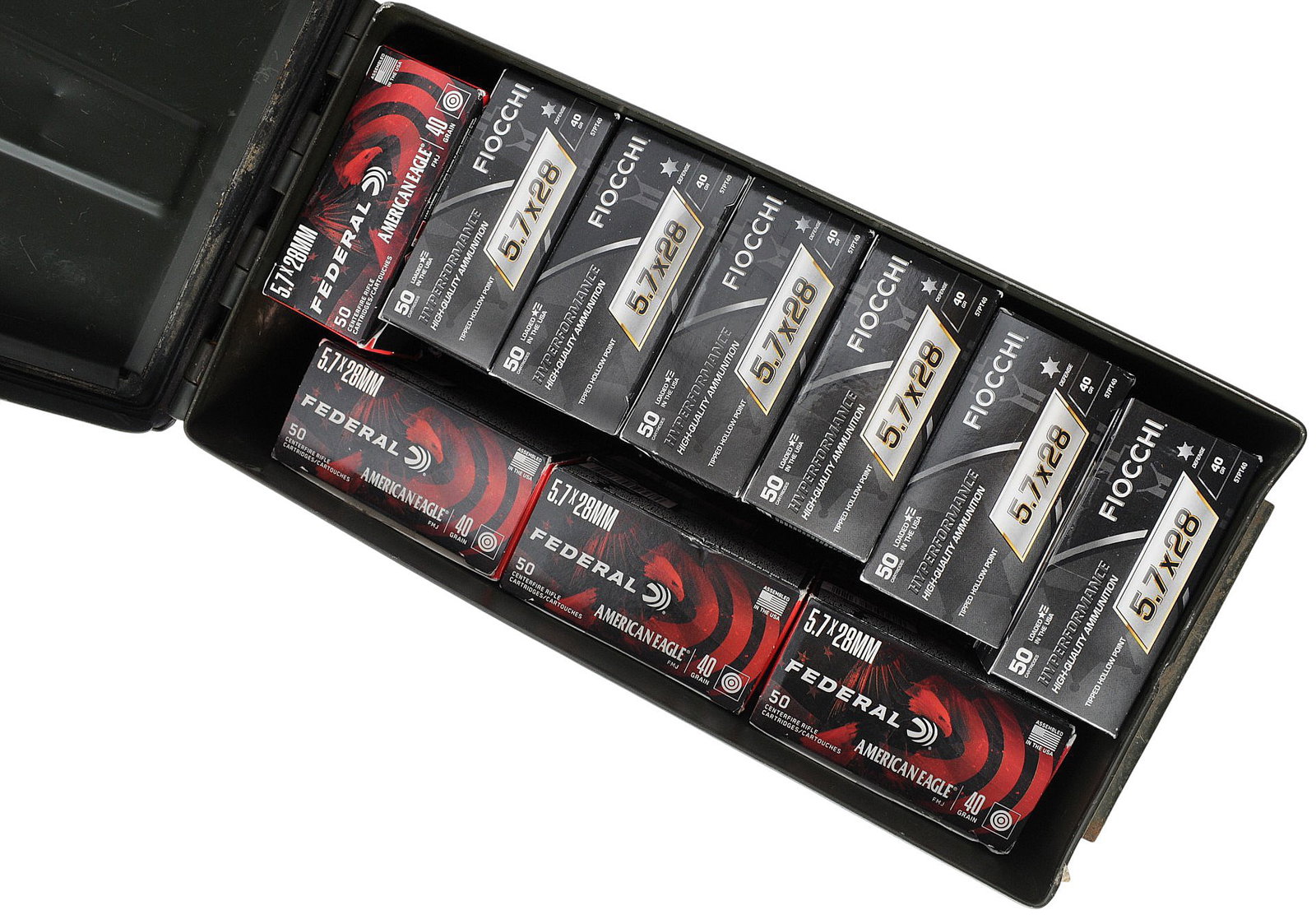 5.7x28mm Mixed Ammo Lot of 2000 Rounds (JGD): A 5.7x28mm Mixed Ammo Lot of 2000 Rounds, a mix of both Fiocchi and Federal made ammo.