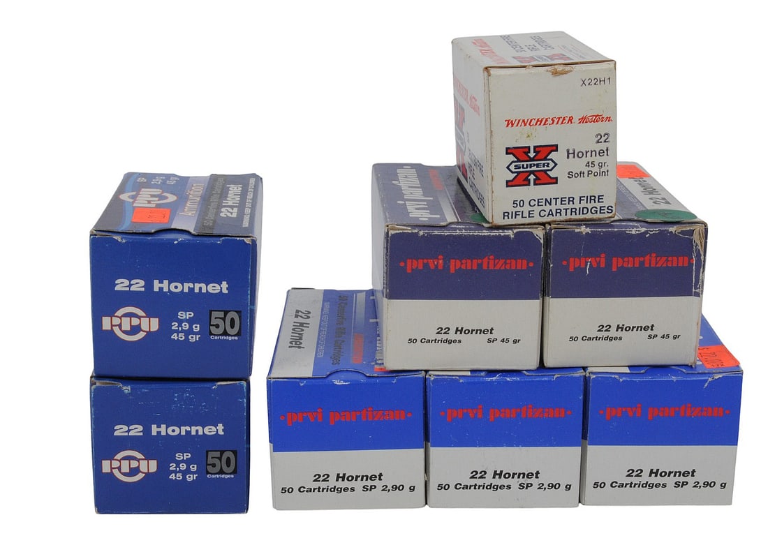 PPU and Winchester 22 Hornet Lot of 400 Rds. (TS): A PPU and Winchester 22 Hornet Lot of 400 Rds. in good to very good condition.