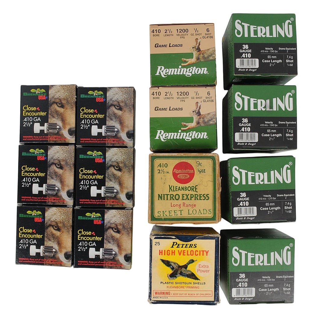 Brenneke, Remington, and Peters 410 Ga. Shotgun Shell Box Lot of 230 Shells (JGD): A Brenneke, Remington, and Peters 410 Ga. Shotgun Shell Box Lot of 230 Shells in good to very good condition.