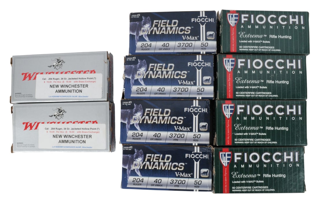 Winchester and Fiocchi 204 Ruger Lot of 440 Rds. (TS): A Winchester and Fiocchi 204 Ruger Lot of 440 Rds. in good to very good condition.