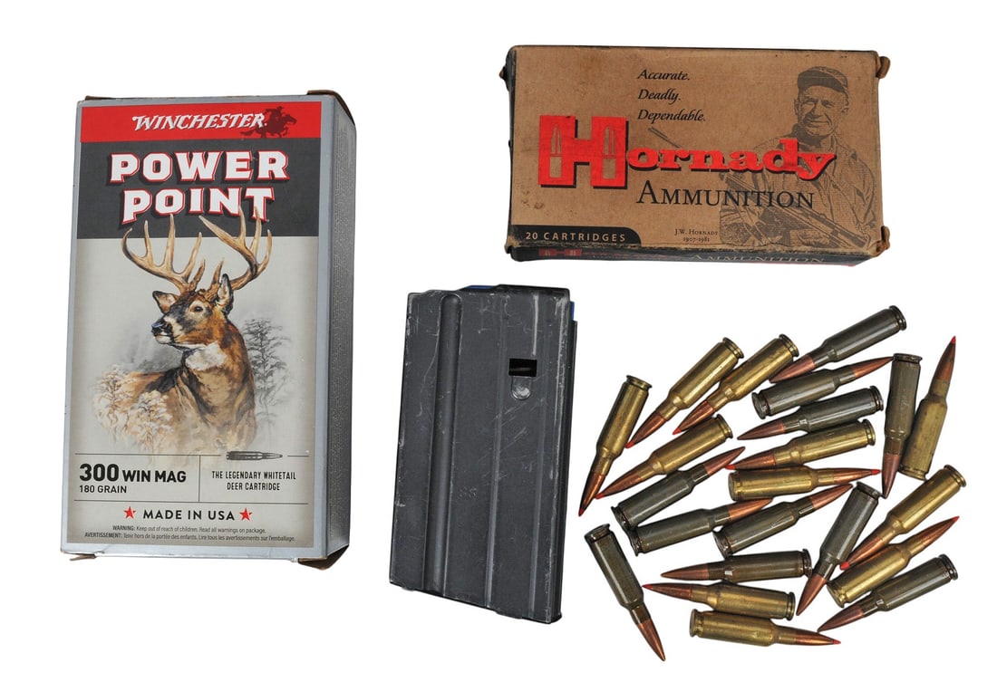 Winchester / Hornady 300 Win Mag and 6.5 Grendel Lot of 62 Rds. with 15 Rd 6.5 Magazine (DMW): A Winchester / Hornady 300 Win Mag and 6.5 Grendel Lot of 62 Rds. with 15 Rd 6.5 Magazine in good to very good condition.