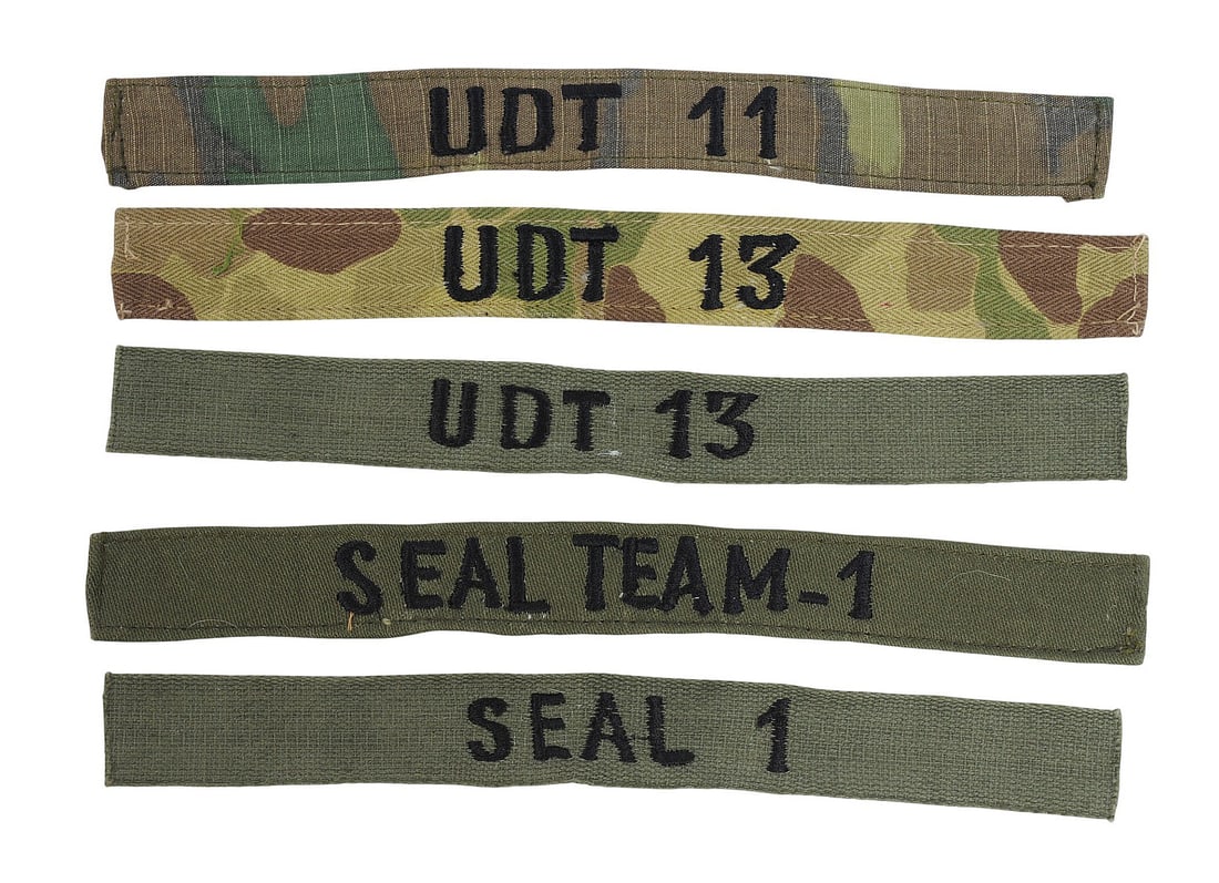 ERDL, M1942 Frogskin, and OD Green US Navy Seal / UDT Vietnam Era Theater Made Tapes Lot of 5 (APL): An ERDL, M1942 Frogskin, and OD Green US Navy Seal / UDT Vietnam Era Theater Made Field Uniform Tapes Lot of 5 in good to very good condition.