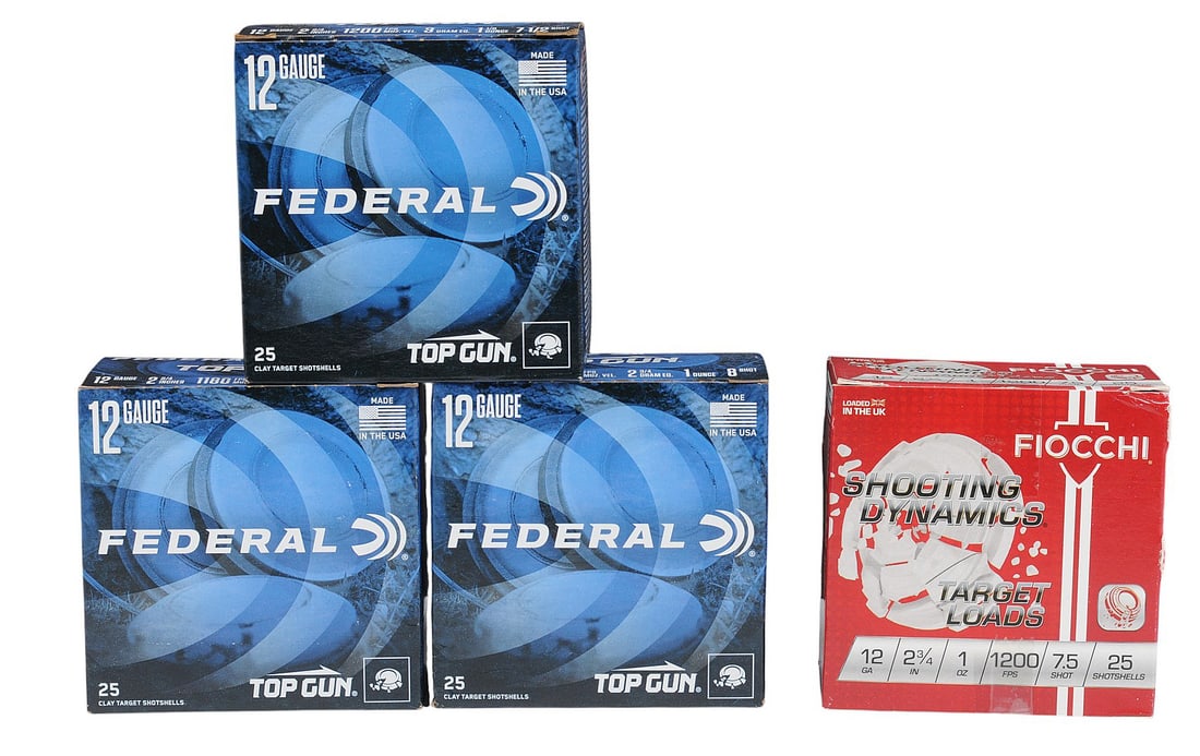 Federal and Fiocchi 12 Ga. Box Lot of 100 Shells (J2L): A Federal and Fiocchi 12 Ga. Box Lot of 100 Shells in good to very good condition.