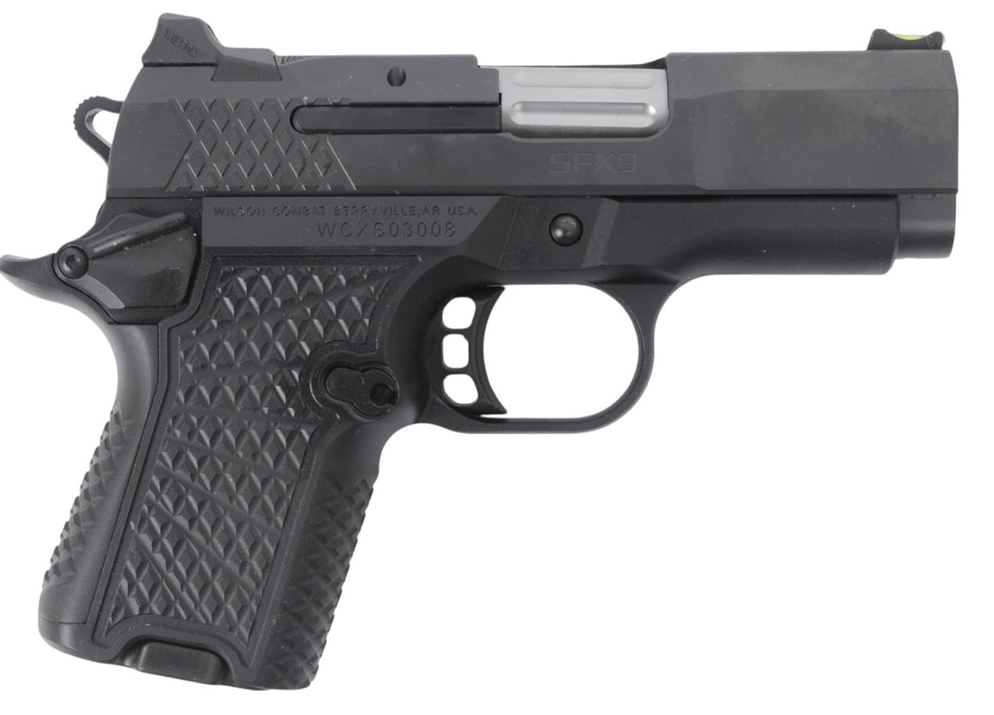 Wilson Combat SFX9 9mm Semi Auto Sub Compact Pistol FFL WCXS033008(RBX1): A Wilson Combat SFX9 9mm Semi Auto Sub Compact Pistol in good to very good condition with a bright and defined bore. The action appears to function properly with minor wear to the original finish.