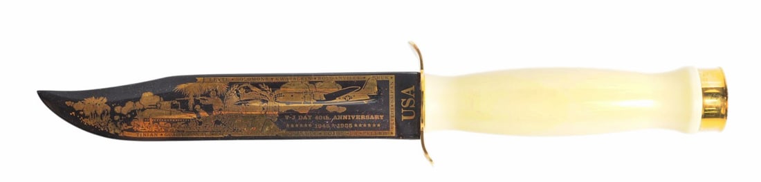 Cased Gold Color Plated Official V-J Day Commemorative Ka-Bar Fighting Knife(RDL) - 3