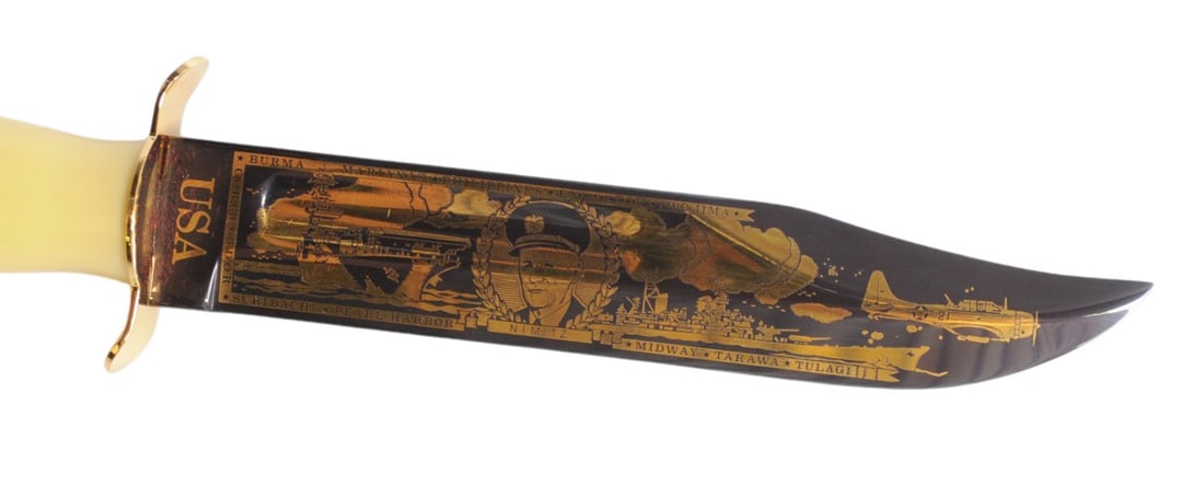 Cased Gold Color Plated Official V-J Day Commemorative Ka-Bar Fighting Knife(RDL) - 5
