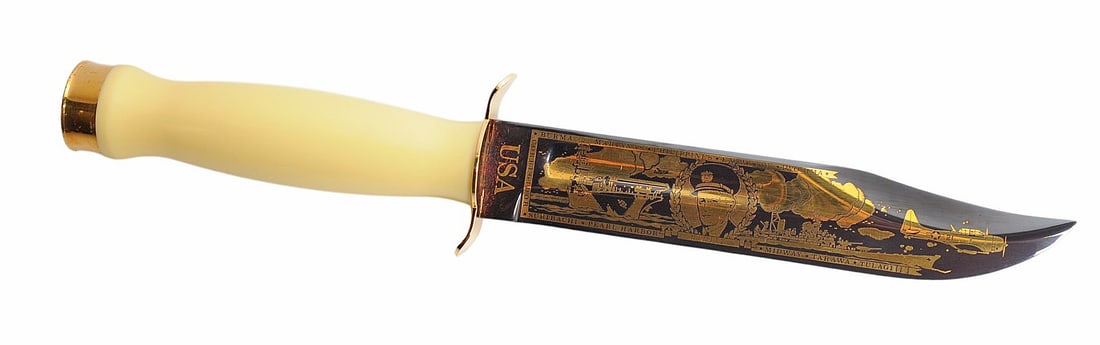 Cased Gold Color Plated Official V-J Day Commemorative Ka-Bar Fighting Knife(RDL) - 6