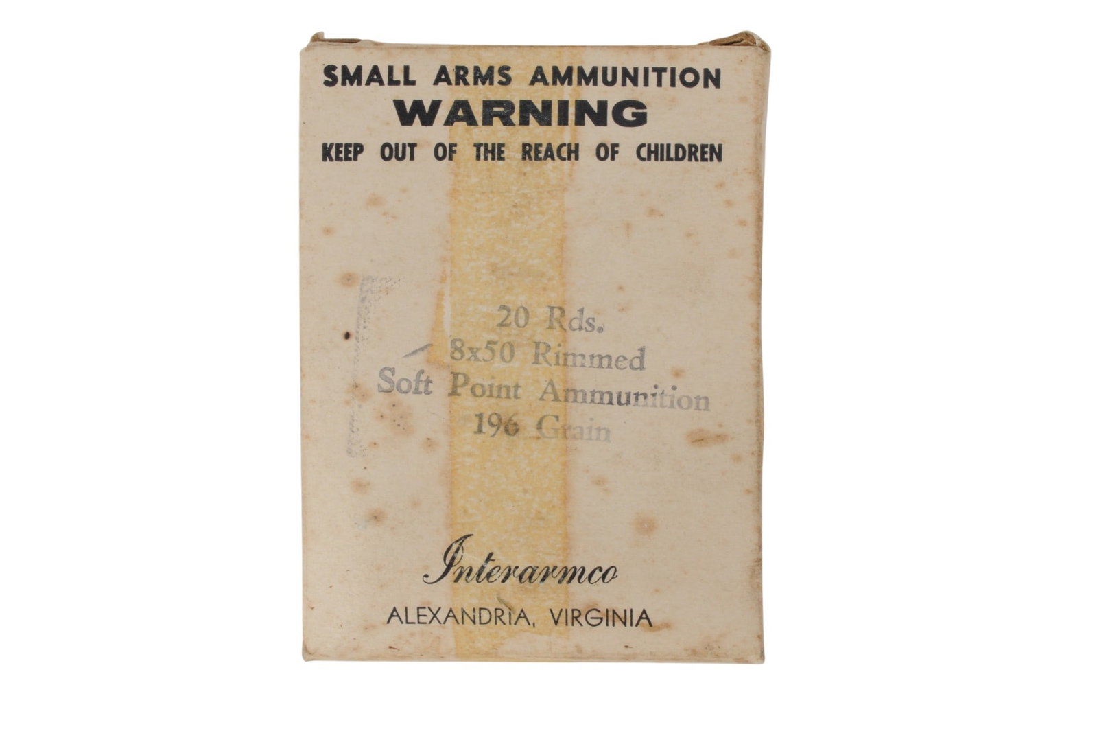 Interarms 8x50 Steyr Ammunition Box of 20 Rds. (D3J): An Interarms 8x50 Steyr Ammunition Box of 20 Rds. in good condition. NO COLORADO SALES: Due to the passage of the new Firearms, ammunition and firearms parts tax, we will no longer be able to sell