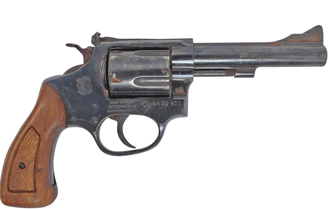 Rossi Interarms M38 38 SPL Double Action Revolver FFL D402103(EDN1): A Rossi Interarms M38 38 SPL Double Action Revolver in good condition with a dirty and defined bore. The action appears to function properly with moderate wear and some surface rust to the original
