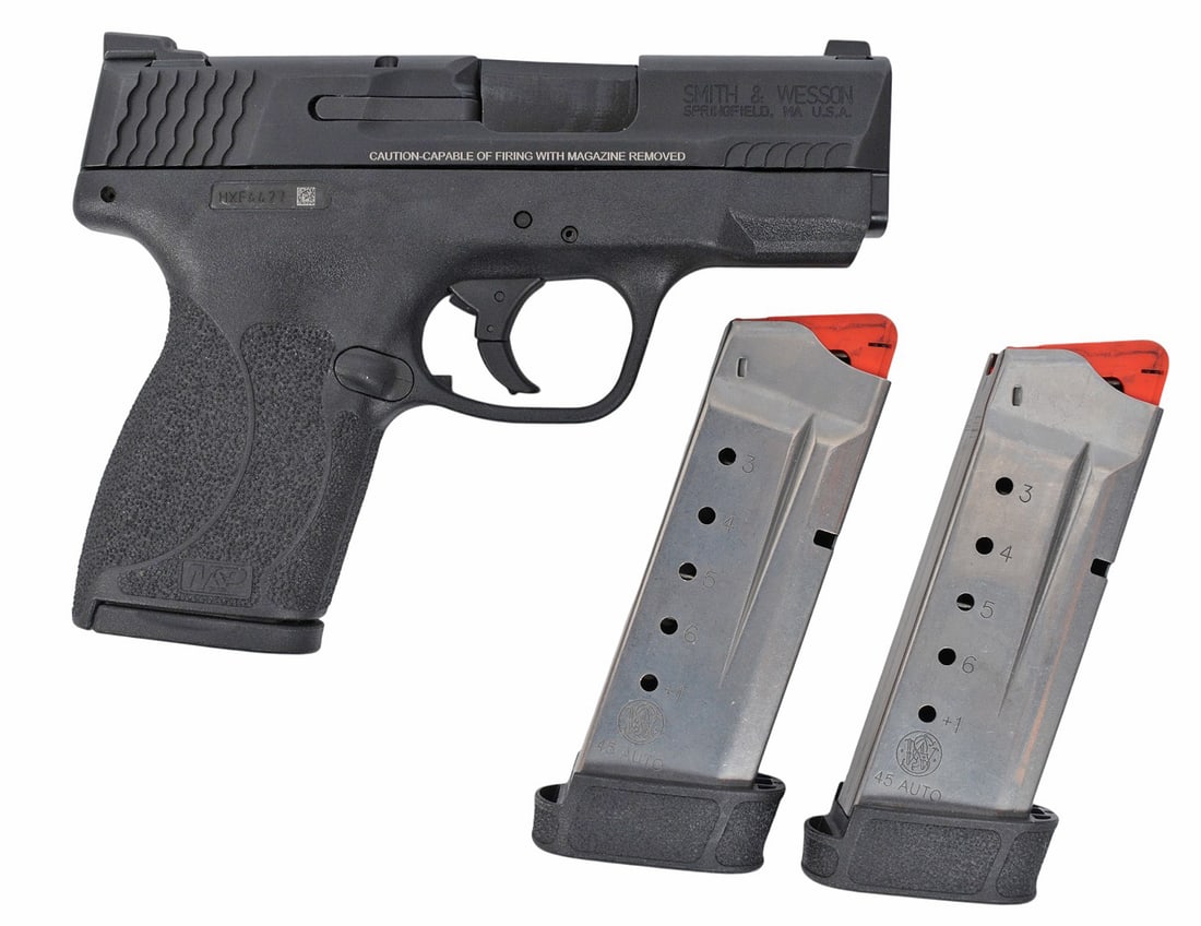 Smith & Wesson Model M&P 45 Shield 45 ACP Semi Auto Pistol FFL HXF4427 (LPA1): A Smith & Wesson Model M&P 45 Shield 45 ACP Semi Auto Pistol in good to very good condition with a bright and defined bore. The action appears to function properly with minor wear to the original