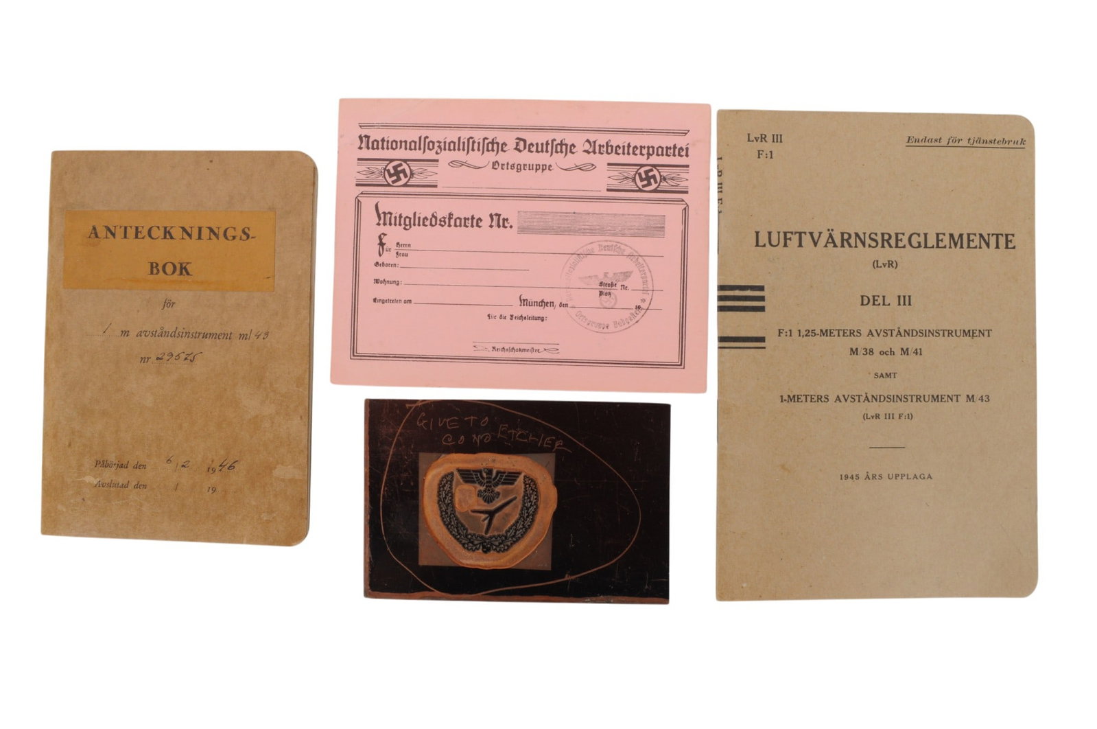 *German WWII Training Field Manual, Document, and Etching Preview Plaque Lot of 4 (C3T): A *German WWII Training Field Manual, Document, and Etching Preview Plaque Lot of 4 in good to very good condition.