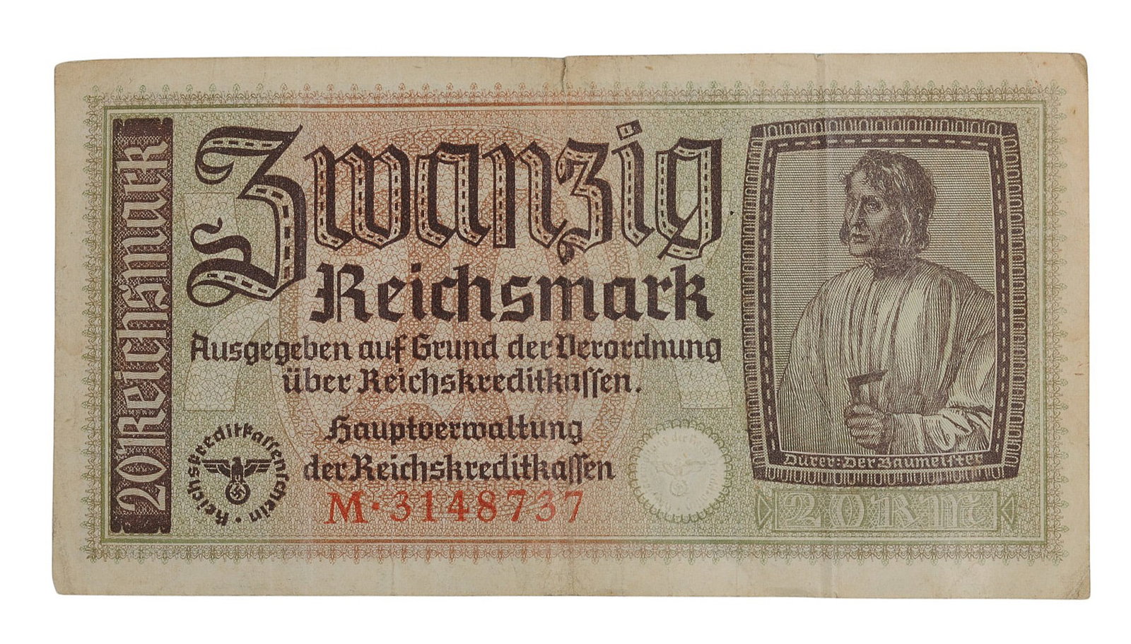 *German WWII 20 Reichsmark Currency Note (C3T): A *German WWII 20 Reichsmark Currency Note in good to very good condition.