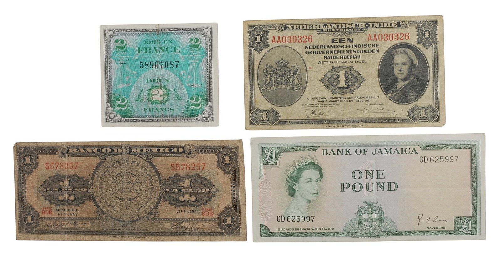 Vintage WWII Era Jamaican, Netherlands, Mexican, and Frech Currency Lot of 4 Bills (EDN): A Vintage WWII Era Jamaican, Netherlands, Mexican, and Frech Currency Lot of 4 Bills in good to very good condition.
