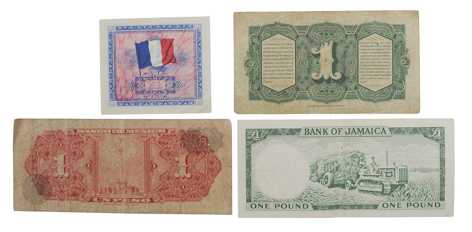 Vintage WWII Era Jamaican, Netherlands, Mexican, and Frech Currency Lot of 4 Bills (EDN) - 2