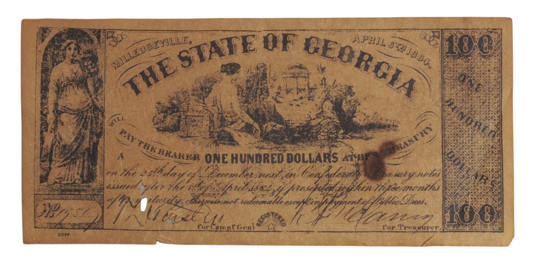 Civil War 1864 $10 State of Georgia treasury note (EDN): A This 1864 $10 State of Georgia treasury note was issued 1864, during the Civil War. It was intended to be redeemed at the Georgia State Treasury using newly issued Confederate currency, reflecting