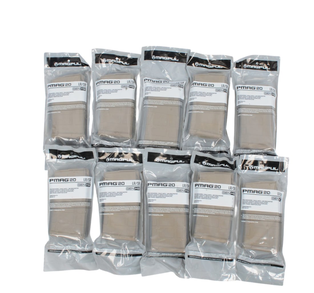 Magpul PMAG FDE AR10 7.62x51mm/308 Win. 20 Rd. Magazine Lot of 10 (W3M): A Magpul PMAG FDE AR10 7.62x51mm/308 Win. 20 Rd. Magazine Lot of 10 in new old stock condition.