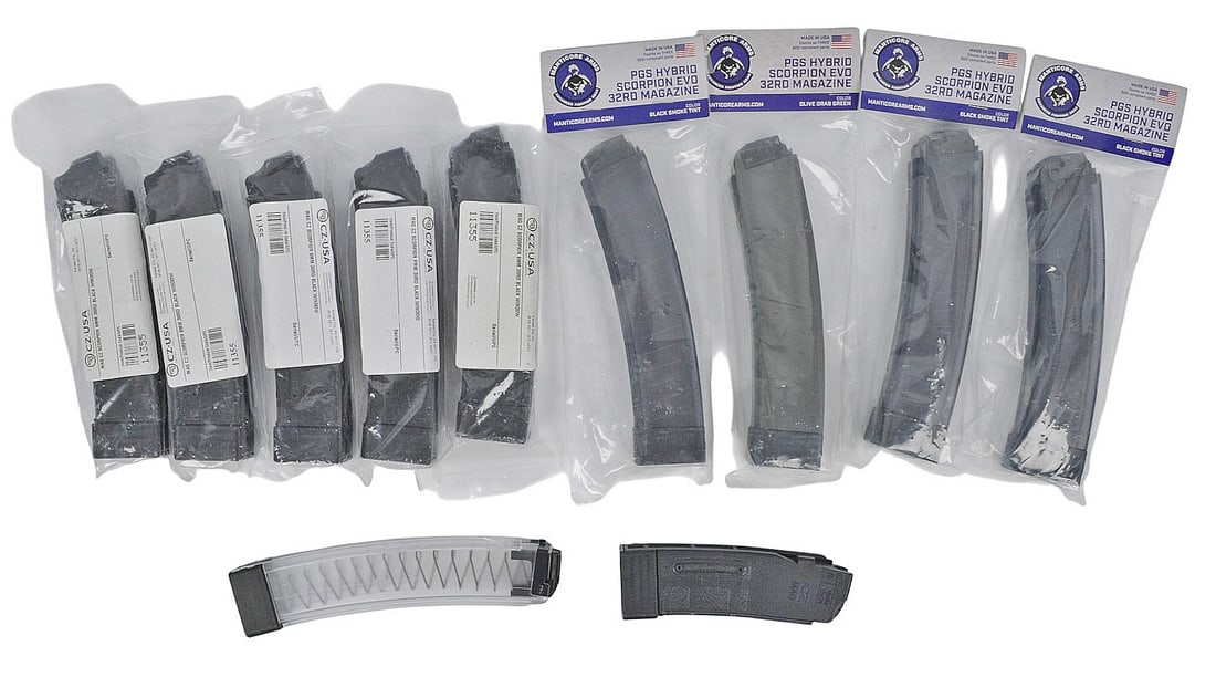 CZ and PGS EVO Scorpion 9mm Magazine Lot of 11(W3M): A CZ and PGS EVO Scorpion 9mm Magazine Lot of 11 in very good condition. The lot includes (1) 20 Rd. mag, (4) 32 Rd. mags, and (6) 30 Rd. mags.