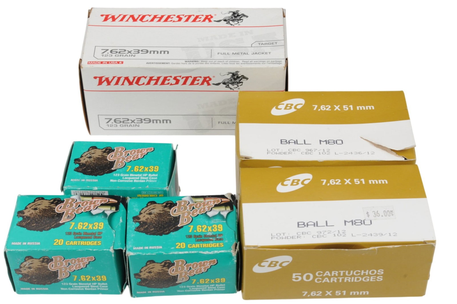 Brown Bear, Winchester, and CBC 7.62x39mm and 7.62x51mm Lot of 200 Rds. (LPA): A Brown Bear, Winchester, and CBC 7.62x39mm and 7.62x51mm Lot of 200 Rds. in good to very good condition. The lot includes 7.62x39mm 100 Rds. and 7.62x51mm 100 Rds.
