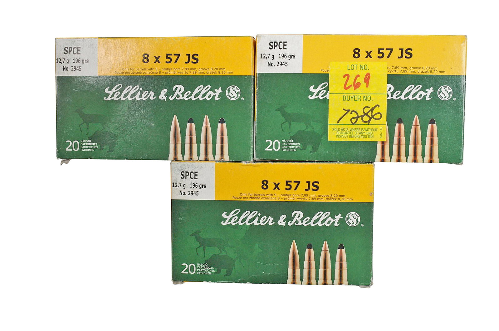 S&B Jacketed Soft-point 8x57mm Ammo Lot of 60 Rounds (A): A grouping of boxed S&B Jacketed Soft-point 8x57mm Ammo Lot of 60 Rounds between three boxes.
