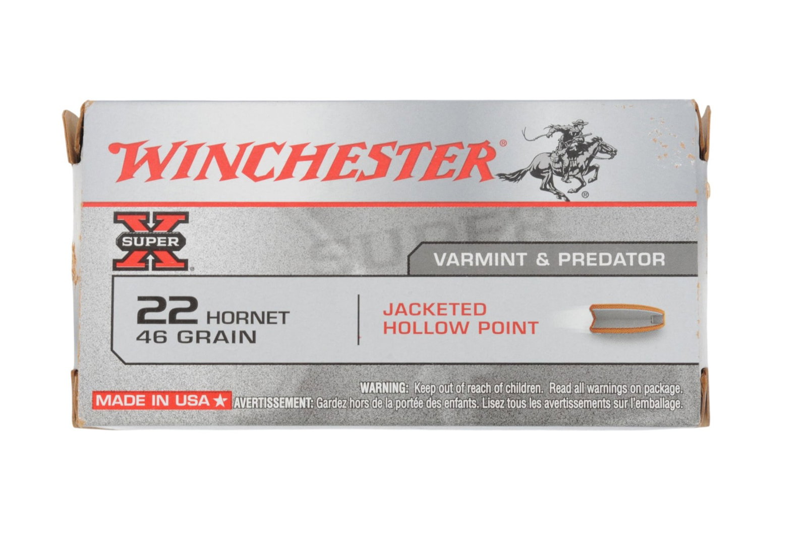 Winchester Super X Varmint 22 Hornet Box of 50 Rds.(RW): A Winchester Super X Varmint 22 Hornet Box of 50 Rds. in good to very good condition.