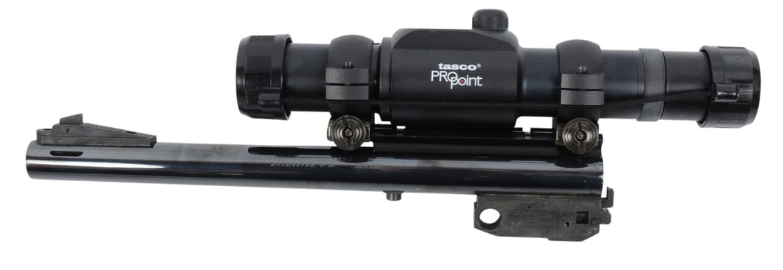 Thompson Center Arms Break Action 44 Rem Mag. Barrel with Tasco Pro Point Scope (H3G1): A Thompson Center Arms Break Action 44 Rem Mag. Barrel with Tasco Pro Point Scope in good condition with a bright and defined bore that needs light cleaning.