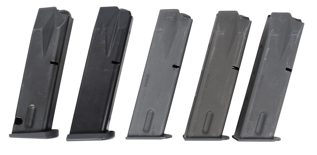 Mixed Group of Five 9mm M9 Beretta Magazines (J2L): A Mixed Group of Five M9 Beretta Magazines, (3) are 15-Round Checkmate Magazines, (1) Mecgar 18-Round Magazines, (1) Beretta 15-Round Magazine.