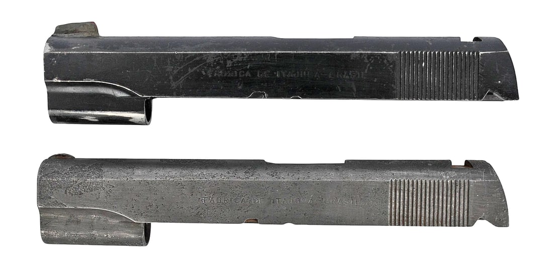 Two Brazilian Colt M1911 Contract Slides (A3W): A set of Two Brazilian Colt M1911 Contract Slides with one in good condition and the other is in fair condition with scattered pitting. Both are missing the rear sight, and one has an update front