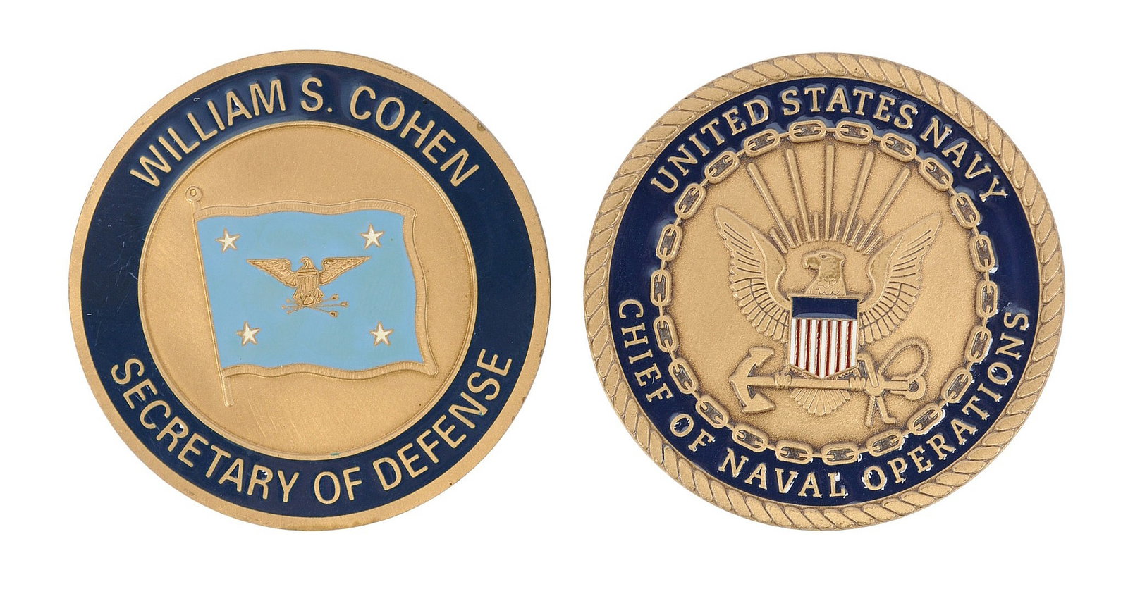 Rare Secretary of The Navy and Secretary of Defense Challenge Coin Lot of 2 (EDN): A Rare Secretary of The Navy and Secretary of Defense Challenge Coin Lot of 2 in good to very good condition.