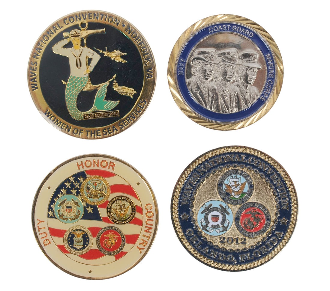 US Navy and Coast Guard Waves Challenge Coin Lot of 4 (EDN): A US Navy and Coast Guard Waves Challenge Coin Lot of 4 in good to very good condition.