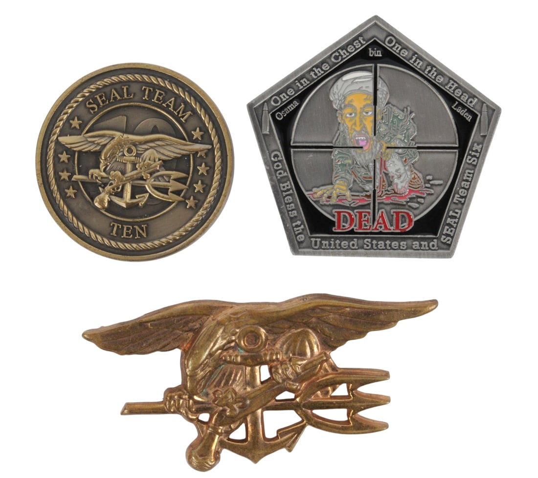 US Navy SEAL Challenge Coin and Trident Lot of 3 (EDN): A US Navy SEAL Challenge Coin and Trident Lot of 3 in good to very good condition. This Lot includes Challenge coins from SEAL Team 10 and Operation Neptune Spear Commemorative.