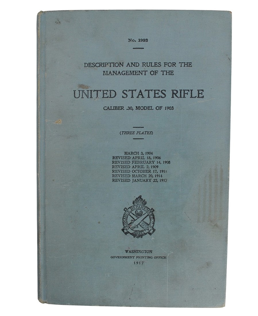1917 Dated US Military Arms Manual For M1903 Rifle (RLR): A 1917 Dated US Military Arms Manual For M1903 Rifle that is in good condition with light age wear. Details regarding nomenclature, shooting, and maintaining the rifle giving in great info.