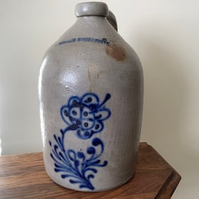 W Robert Binghamton Gallon Salt Glazed Stoneware Jug with Cobalt Floral Design