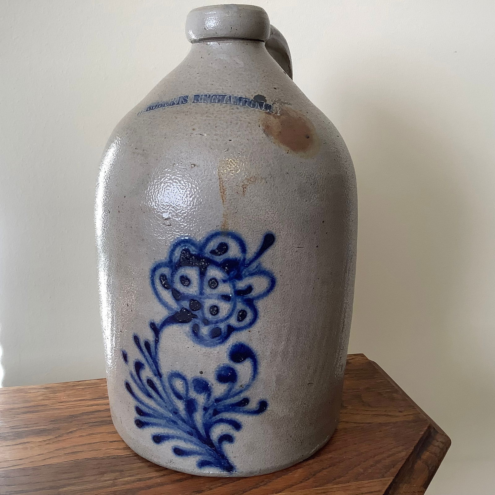 W Robert Binghamton Gallon Salt Glazed Stoneware Jug with Cobalt Floral Design (1 of 9)