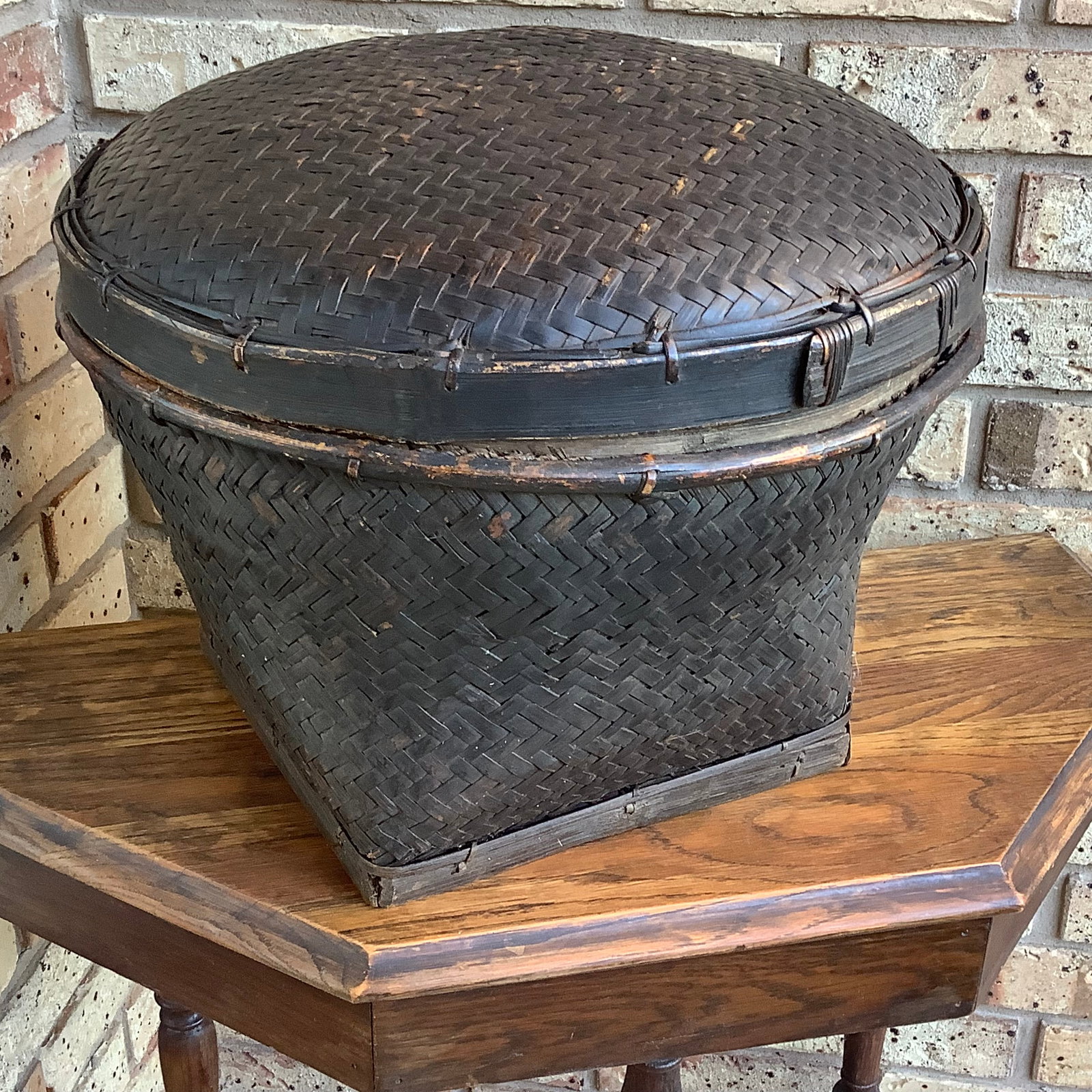Antique Akha Thai Round Top Square Basket with Lid: Akha Thai Round Basket and Lid Extremely Old 10 inch x 10 inch