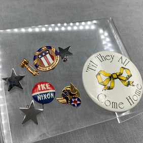 8 Antique Pins From WWII, Incl. 10KT Gold Mothers of WWII, Ike Nixon, AFA