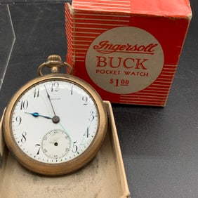 Pocket Watch with Ingersol Buck Pocket Watch Box, 1925 Locust, Runs and Keeps Time