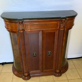 Entryway Curio Cabinet, Black Granite Top, Curved Bow Doors