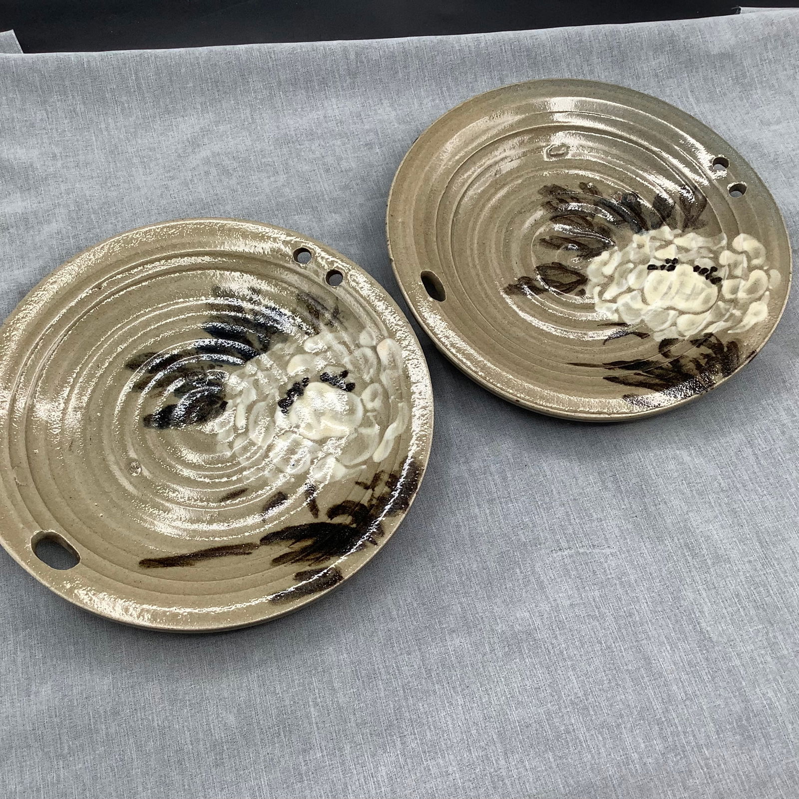 Pair of Antique Glazed Hand Painted Handmade Pottery Plates (1 of 10)