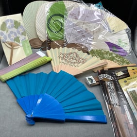 16 Paper and Bamboo Fans with Basket